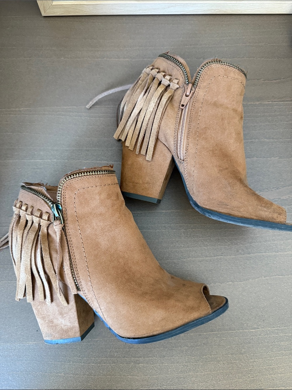 DV by Dolce Vita Tan Suede Fringe Peep-Toe Block Heel Ankle Boots